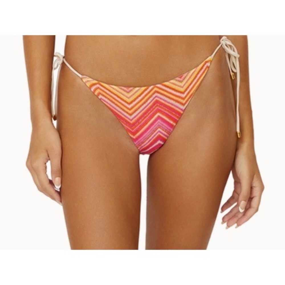 PQ Swim Bikini Bottom Women Pink Excellent Chevron Side Tie‎ Metallic Gold Sz L